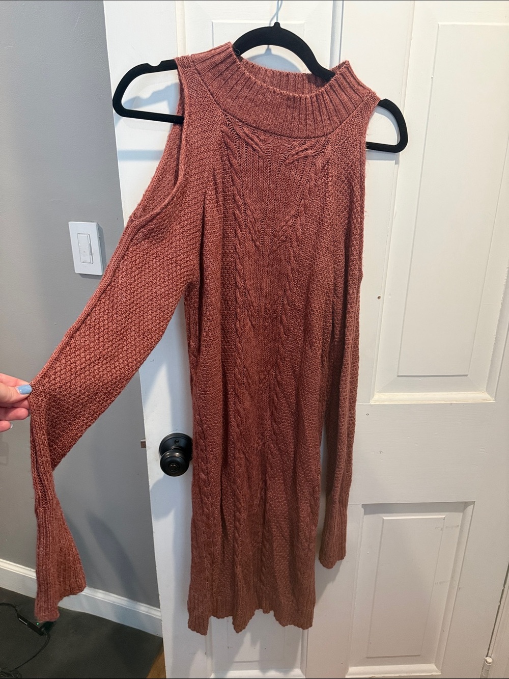Pink Rose Cable-Knit Cold-Shoulder Sweater Dress in Rusty Rose